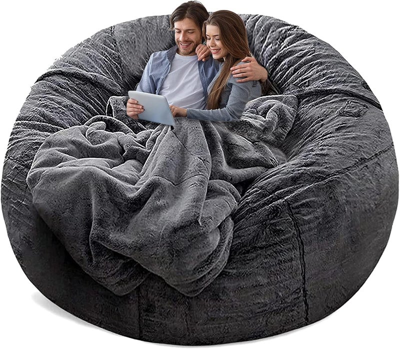 YudouTech （No Filler Bean Bag Chair Cover Without Filler,Big Round Soft Fluffy PV Velvet Washable Bean Bag Lazy Sofa Bed Cover for Adults,Living Room Bedroom Furniture Outside,5ft Dark Grey - Image 1